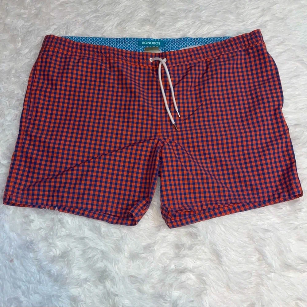 BONOBOS Mens Red & Navy Blue Plaid Check Swim Shorts Trunks